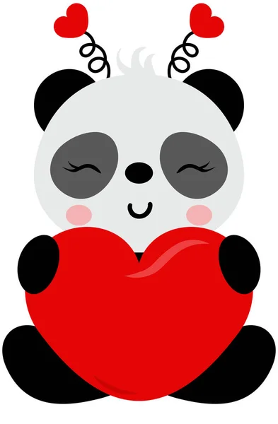 Bonito Panda Valentine Sentado Com Coração Vermelho — Vetor de Stock
