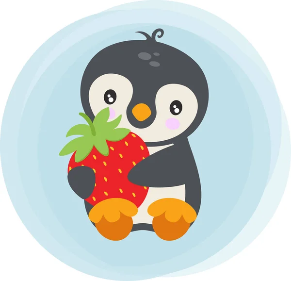 かわいいペンギンが赤いイチゴを持って座っている — ストックベクタ