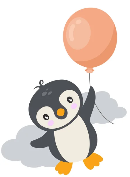 Roztomilý Tučňák Létání Drží Balón — Stockový vektor