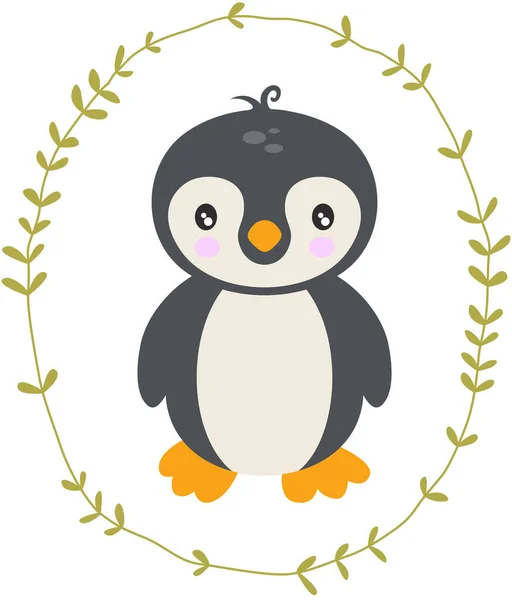 Słodki Pingwin Wewnątrz Owalnego Pozostawia Granicę — Wektor stockowy