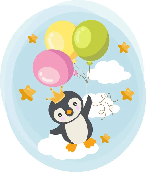 Lindo Pingüino Volando Cielo Azul Sosteniendo Globos — Vector de stock