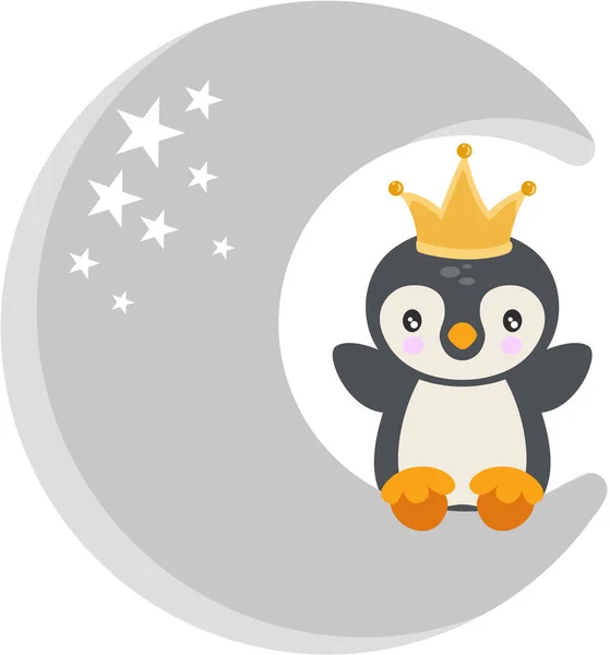 Χαριτωμένο Πιγκουίνος Κάθεται Στο Φεγγάρι Στέμμα Στο Κεφάλι — Διανυσματικό Αρχείο