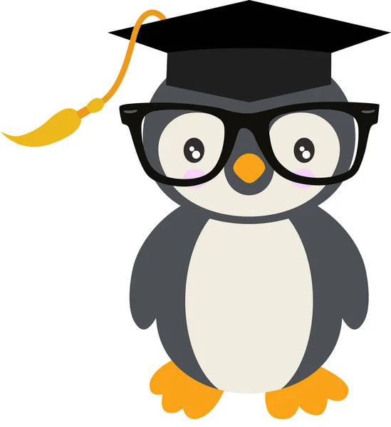 Söt Pingvin Med Graderingshatt Och Glasögon — Stock vektor