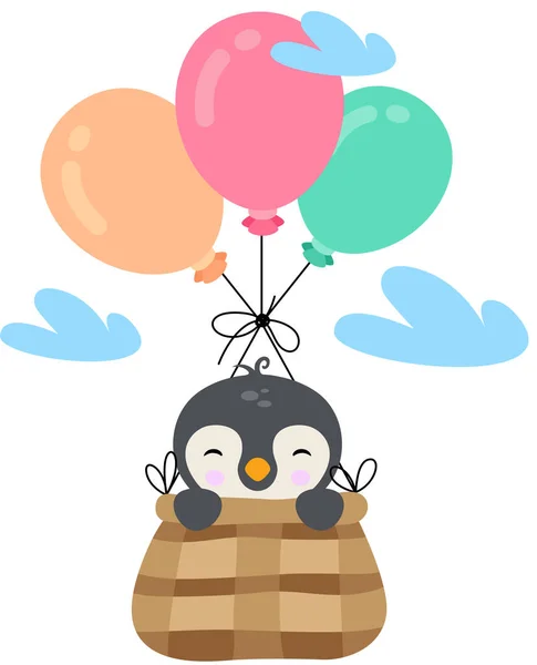 Sevimli Penguen Balonlarla Sepetin Içinde Uçuyor — Stok Vektör