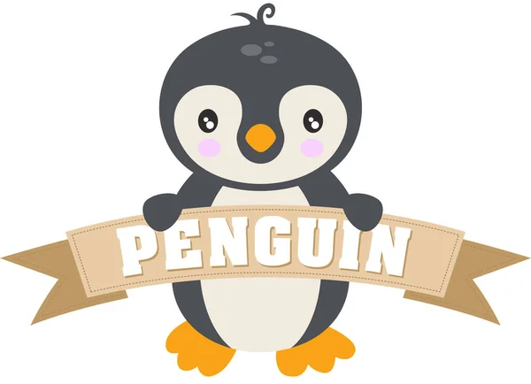 Ładny Pingwin Trzyma Wstążkę Baner Słowem Pingwin — Wektor stockowy