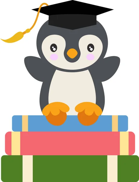Cute Penguin Graduation Cap Sitting Top Books — Stock Vector