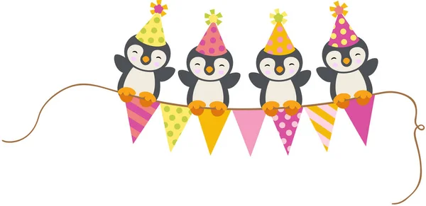 Quattro Simpatici Pinguini Cima Alla Bandiera Del Partito — Vettoriale Stock