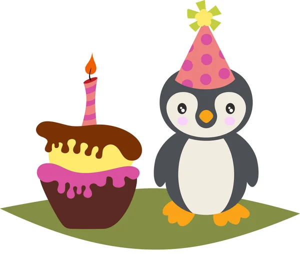 Happy Birthday Pinguin Mit Geburtstagstorte — Stockvektor