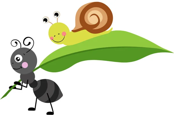 Küçük Salyangozlu Yeşil Bir Yaprak Taşıyan Tatlı Karınca — Stok Vektör