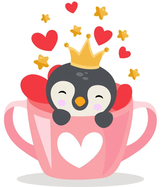 Leuke Prins Pinguïn Binnen Liefde Beker Met Harten Sterren — Stockvector