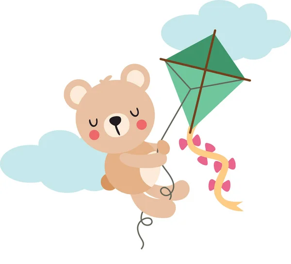 Niedlicher Teddybär Fliegt Mit Drachen — Stockvektor