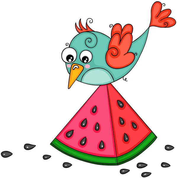 Grappige Vogel Met Watermeloen Plak — Stockvector