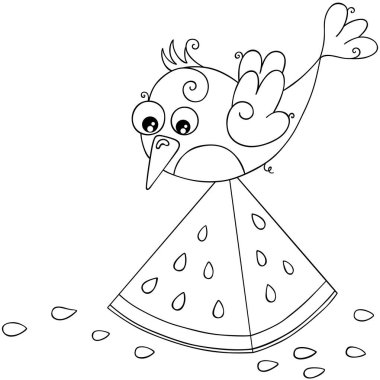 Sevimli kuş ve karpuz dilimi boyama sayfası.
