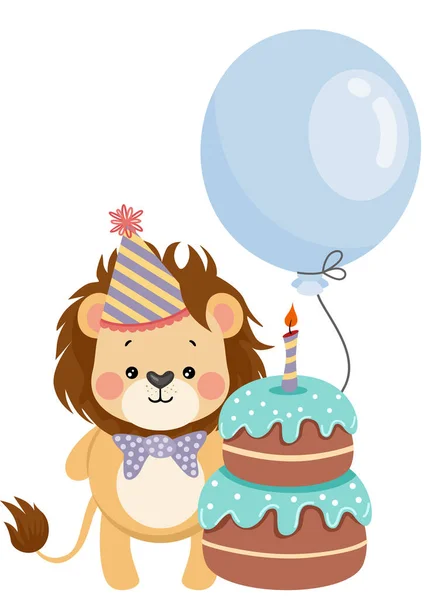 Leuke Leeuw Met Ballon Gelukkige Verjaardagstaart — Stockvector