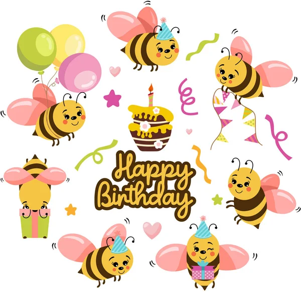 Set Cute Bee Happy Birthday — Stock Vector