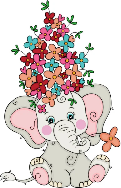 Söt Elefant Med Bukett Blommor Huvudet — Stock vektor