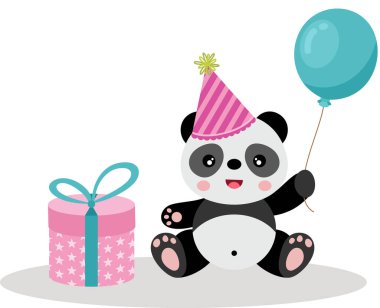 Doğum günü hediyesi ve mavi balonlu mutlu bir panda.