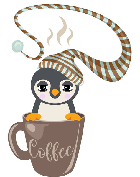 Sleepy penguin with sleeping hat inside cup of coffee