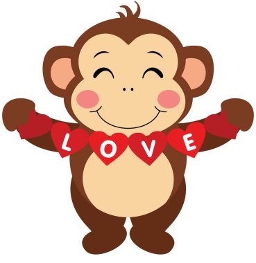 Sevgi dolu maymun elinde kırmızı kalp çelengi