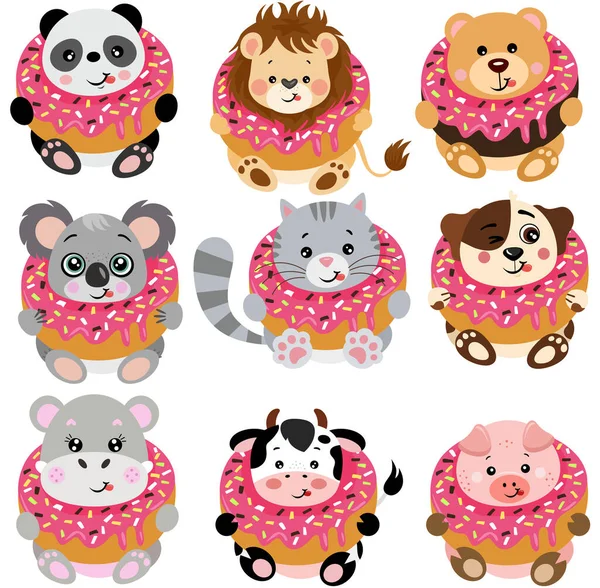 Set Cute Animals Delicious Donut — Stock Vector