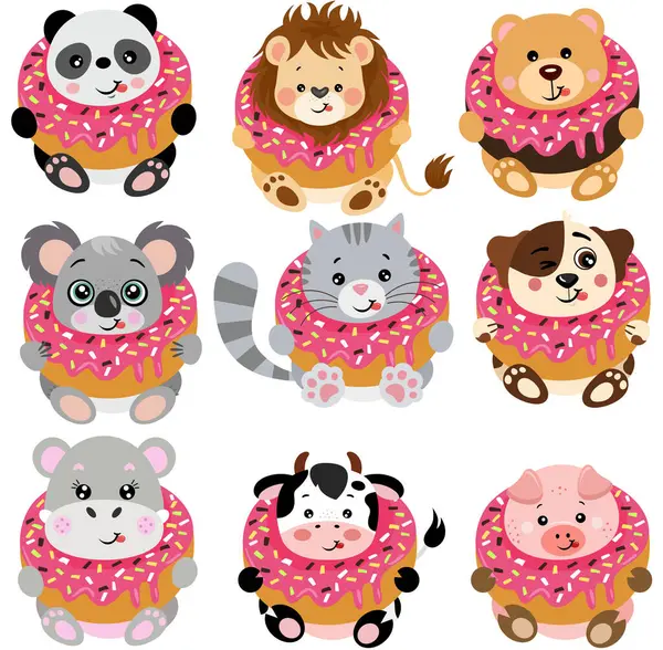 在美味的甜甜圈里有一组可爱的动物 — 图库矢量图片#