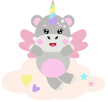 Gökyüzünde uçan kanatlı tek boynuzlu su aygırı.