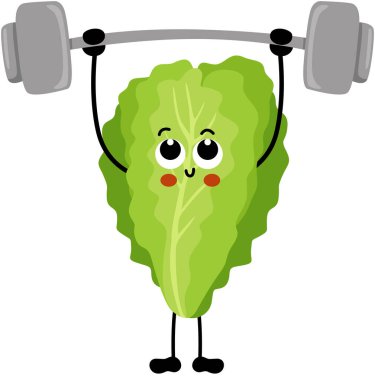 Komik yeşil marul maskotu jimnastik yapıyor.