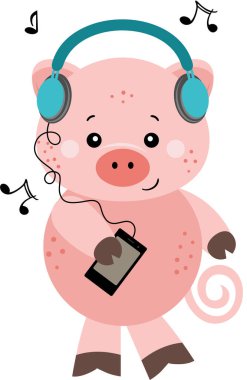 Kulaklıkla müzik dinleyen komik domuz.