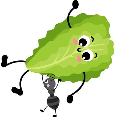 Komik yeşil marul maskotu taşıyan sevimli karınca.