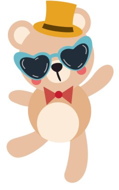 Kalp gözlüklü ve şapkalı komik oyuncak ayı.