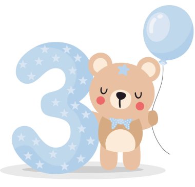 Balonlu tatlı ayıcık çocuk. Üçüncü ya da üçüncü ayını kutlamak için.