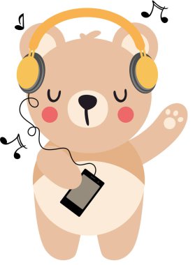 Komik oyuncak ayı kulaklıkla müzik dinliyor.