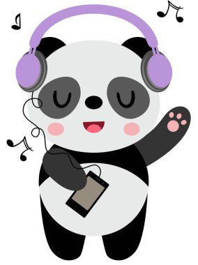 Komik panda kulaklıkla müzik dinliyor.