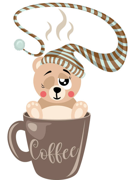 Sleepy teddy bear with sleeping hat inside cup of coffee