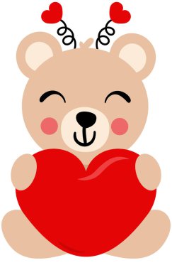 Sevimli sevgililer günü ayısı kırmızı kalple oturuyor.