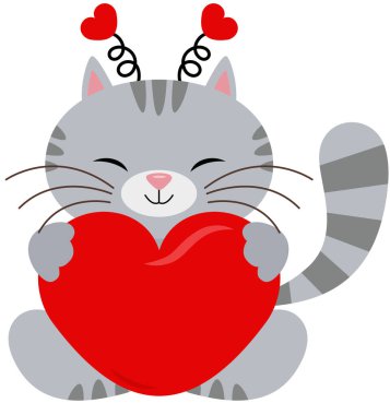 Kırmızı kalpli sevimli bir sevgililer günü kedisi oturuyor.