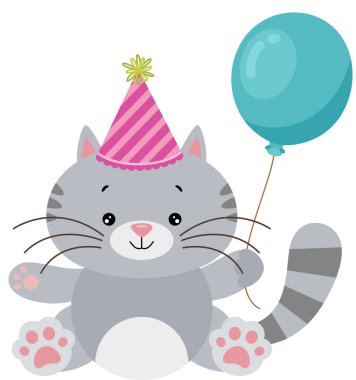 Mavi bir balon tutan doğum günü kedisi