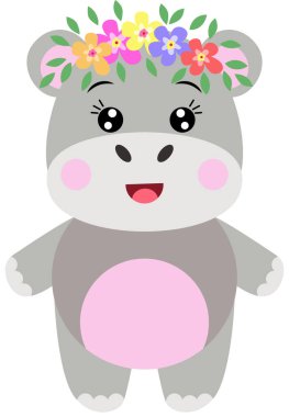 Kafasında çelenk olan sevimli bir su aygırı.