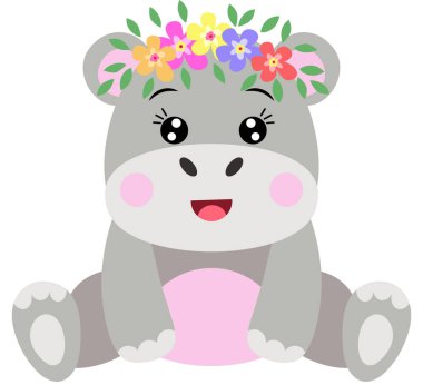 Başında çelenk olan sevimli su aygırı oturuyor.