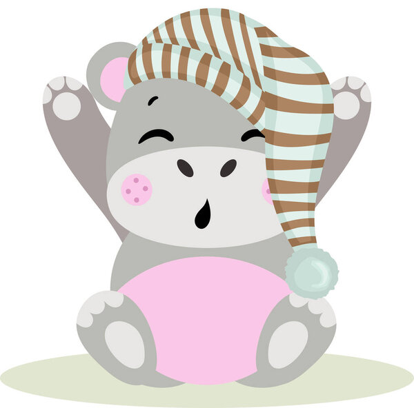 Смешной бегемот просыпается и растягивается.