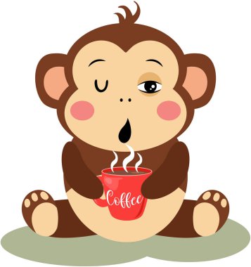 Tatlı maymun sıcak kahve içiyor.