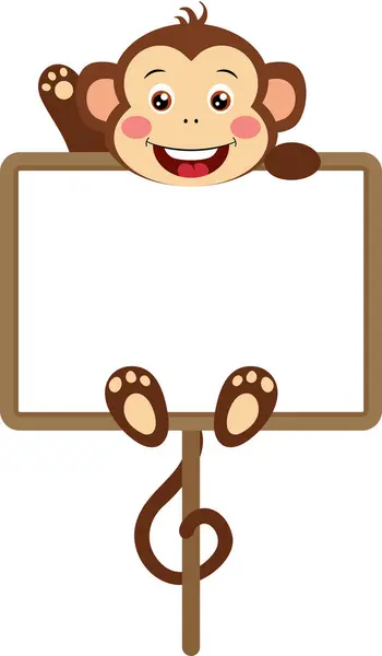 Cute Monkey Waving Hanging Blank Signboard — Stock Vector