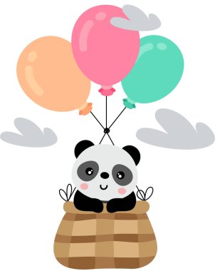 Sevimli panda elinde balonlarla sepette uçuyor.