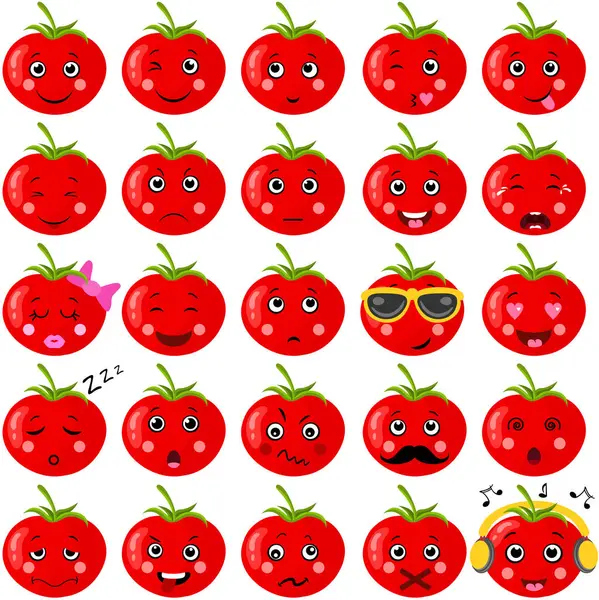 新鮮な赤いトマトのデジタルコラージュを異なる表現で設定する — ストックベクタ