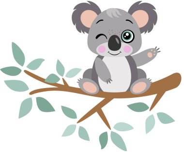 Ağacın dalında yeşil yapraklı komik koala.
