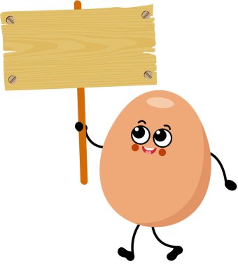 Komik yumurta karakterli maskot elinde tahta bir tabela tutuyor.