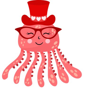 Kırmızı şapkalı ve gözlüklü komik ahtapot.