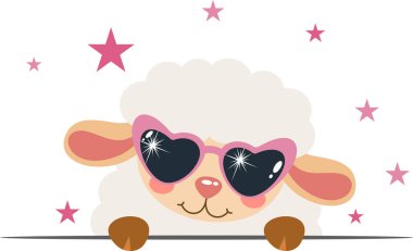 Harika süper star koyunları kalp gözlükleriyle dışarı bakıyor.