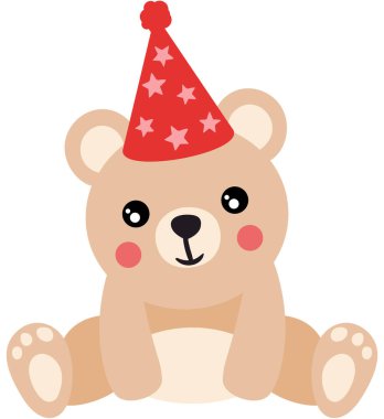 Kafasında parti şapkası olan sevimli oyuncak ayı.