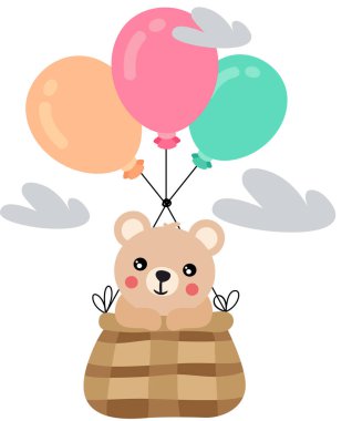 Balonlarla sepetin içinde uçan sevimli oyuncak ayı.